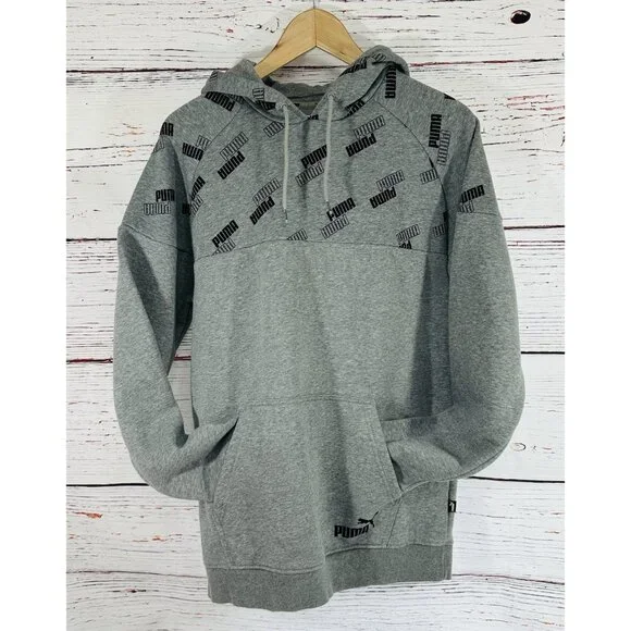 Puma Hoodie Hooded Sweatshirt Mens Medium Gray Kangaroo Pocket Heavy Warm Logo - Picture 1 of 10
